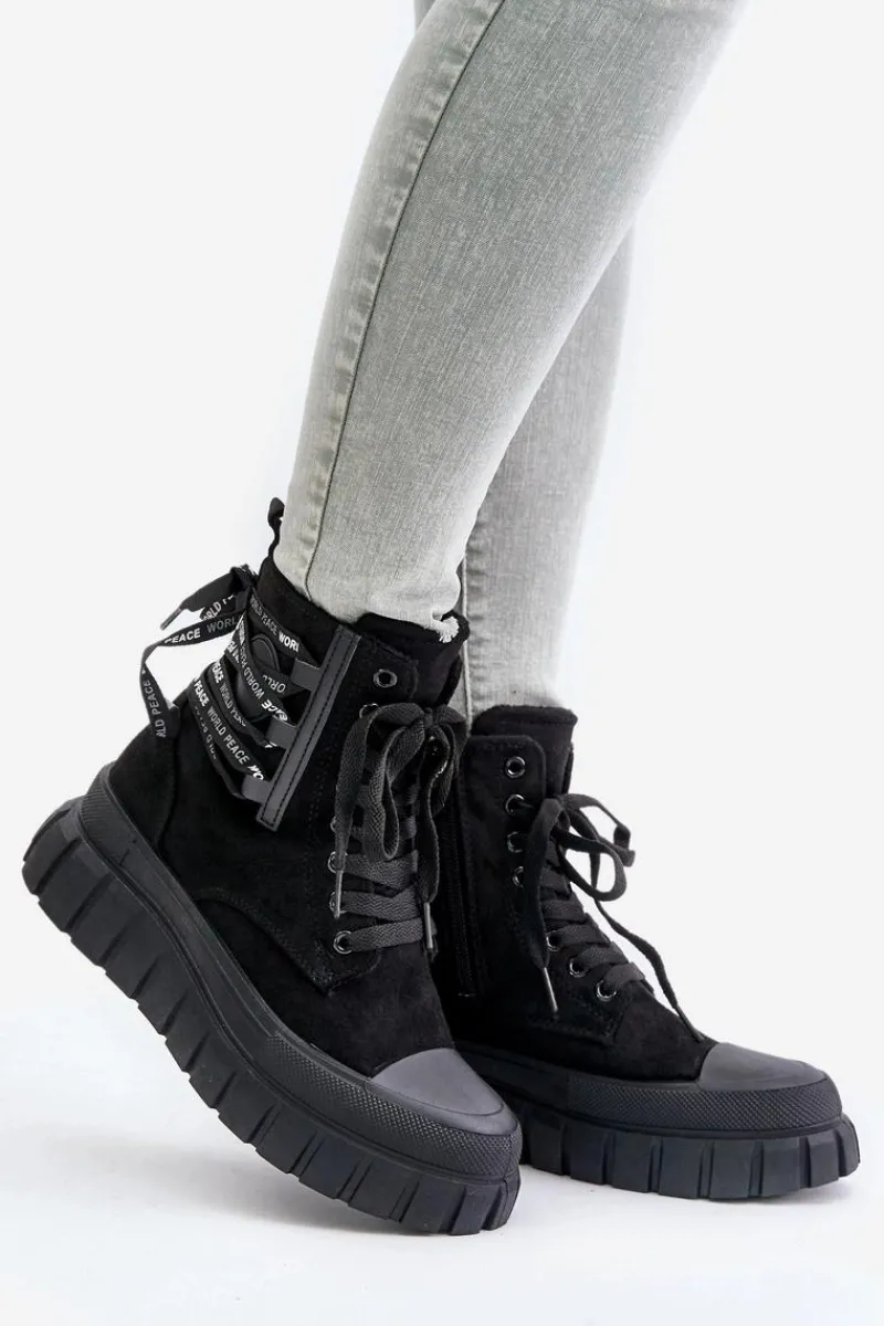 Outlet Botki Damskie Na Platformie Z Ozdobnym Sznurowaniem Czarne Edidda Damskie Damskie Trapery|Botki Sznurowane