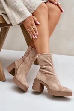 Botki Zimowe Damskie|Brązowe I Beżowe Botki>Damskie buty S.Barski Botki Damskie Na Platformie I Masywnym Obcasie S.Barski HY42-739 Beżowe