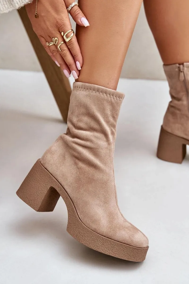 Botki Zimowe Damskie|Brązowe I Beżowe Botki>Damskie buty S.Barski Botki Damskie Na Platformie I Masywnym Obcasie S.Barski HY42-739 Beżowe