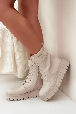 Outlet Boto Botki Damskie Na Platformie Z Ozdobnym Detalem Ocieplane Jasnobeżowe Lyrana Beżowy