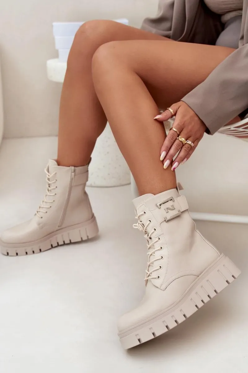 Outlet Boto Botki Damskie Na Platformie Z Ozdobnym Detalem Ocieplane Jasnobeżowe Lyrana Beżowy