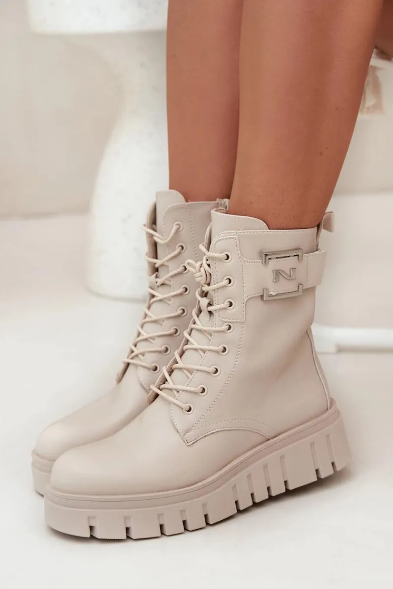 Outlet Boto Botki Damskie Na Platformie Z Ozdobnym Detalem Ocieplane Jasnobeżowe Lyrana Beżowy