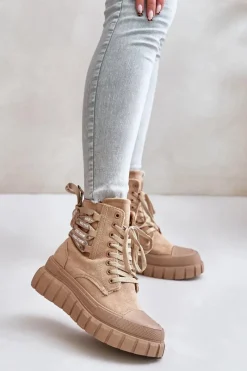 Botki Ocieplane|Damskie Trapery>Evento Botki Damskie Na Platformie Z Ozdobnym Sznurowaniem Brązowe Edidda