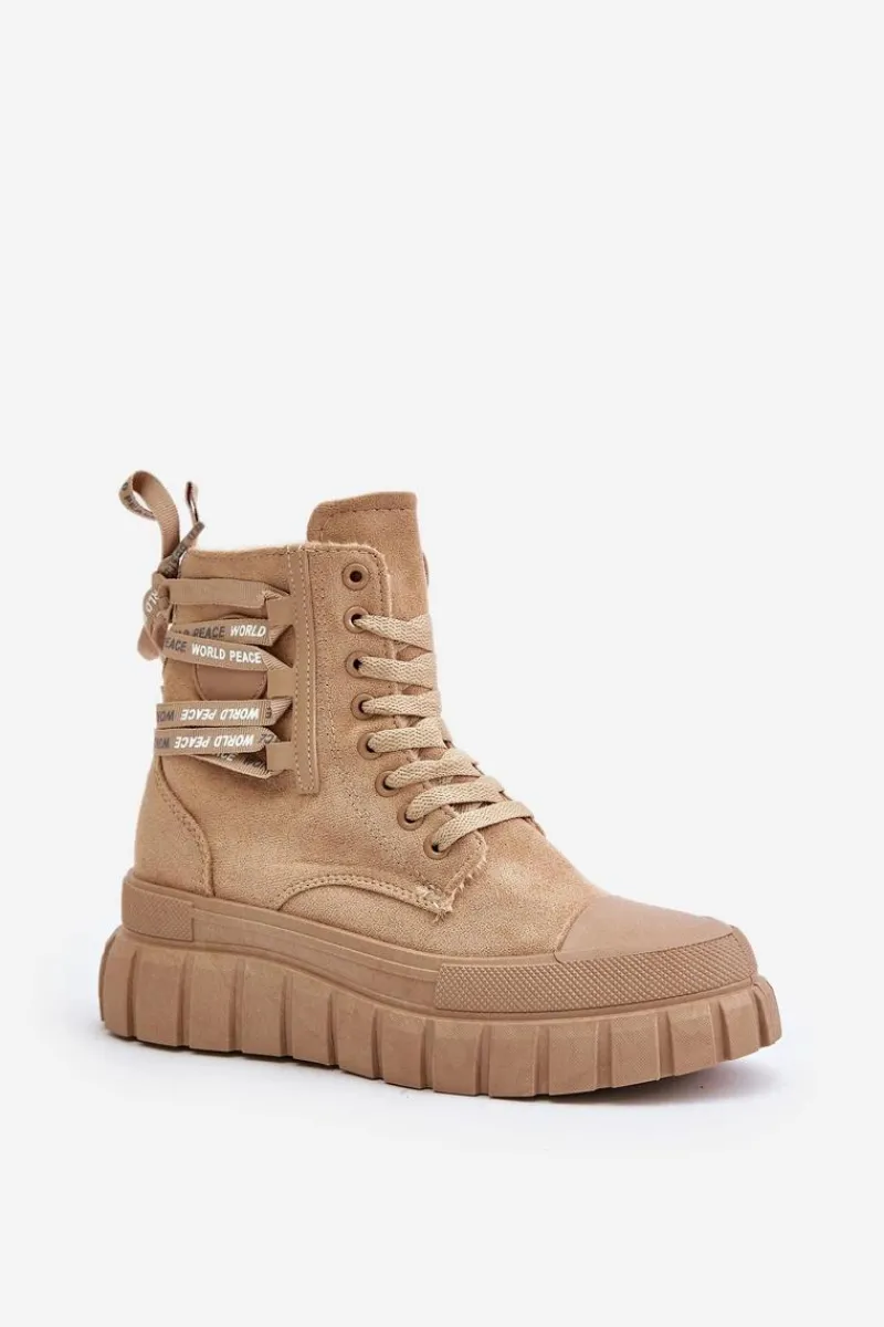 Botki Ocieplane|Damskie Trapery>Evento Botki Damskie Na Platformie Z Ozdobnym Sznurowaniem Brązowe Edidda
