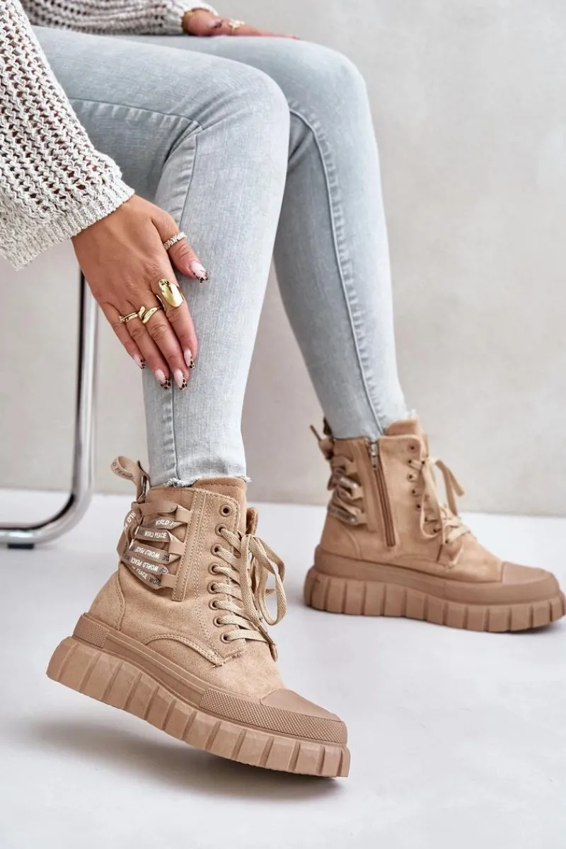 Botki Ocieplane|Damskie Trapery>Evento Botki Damskie Na Platformie Z Ozdobnym Sznurowaniem Brązowe Edidda