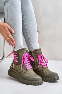 Outlet Evento Botki Damskie Na Platformie Z Ozdobnym Sznurowaniem Panterka Zielone Edidda Zielony