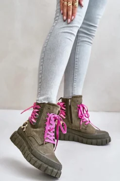 Outlet Evento Botki Damskie Na Platformie Z Ozdobnym Sznurowaniem Panterka Zielone Edidda Zielony