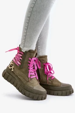 Outlet Evento Botki Damskie Na Platformie Z Ozdobnym Sznurowaniem Panterka Zielone Edidda Zielony