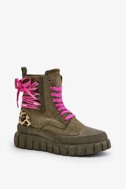 Outlet Evento Botki Damskie Na Platformie Z Ozdobnym Sznurowaniem Panterka Zielone Edidda Zielony