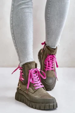 Outlet Evento Botki Damskie Na Platformie Z Ozdobnym Sznurowaniem Panterka Zielone Edidda Zielony