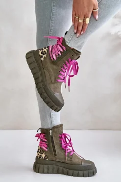 Outlet Evento Botki Damskie Na Platformie Z Ozdobnym Sznurowaniem Panterka Zielone Edidda Zielony