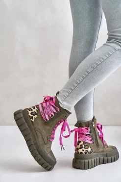 Outlet Evento Botki Damskie Na Platformie Z Ozdobnym Sznurowaniem Panterka Zielone Edidda Zielony