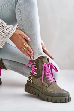 Outlet Evento Botki Damskie Na Platformie Z Ozdobnym Sznurowaniem Panterka Zielone Edidda Zielony