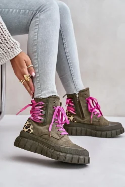 Outlet Evento Botki Damskie Na Platformie Z Ozdobnym Sznurowaniem Panterka Zielone Edidda Zielony