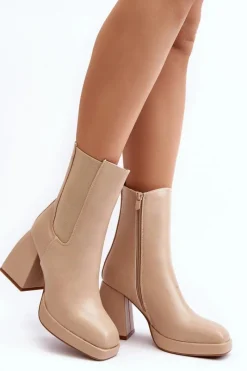 Hot Botki Damskie Na Platformie I Obcasie Beżowe Stelares Damskie Botki Ocieplane|Brązowe I Beżowe Botki