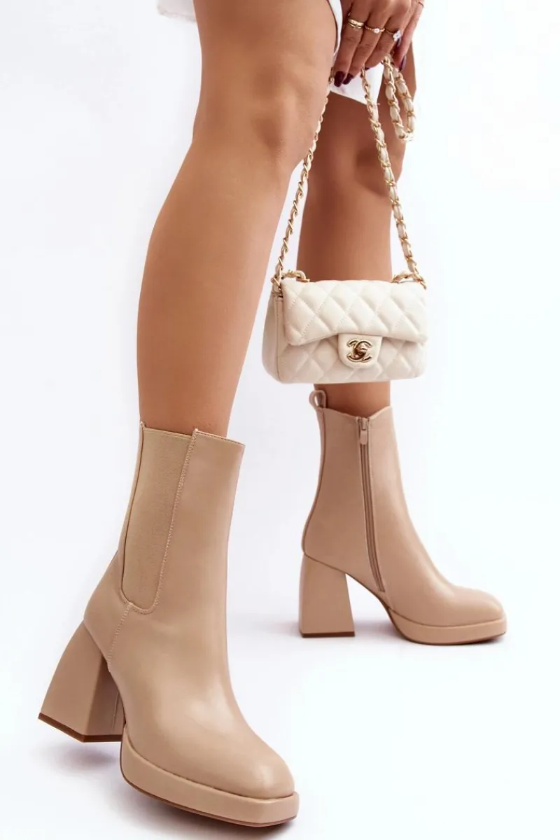 Hot Botki Damskie Na Platformie I Obcasie Beżowe Stelares Damskie Botki Ocieplane|Brązowe I Beżowe Botki