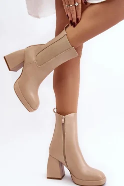 Hot Botki Damskie Na Platformie I Obcasie Beżowe Stelares Damskie Botki Ocieplane|Brązowe I Beżowe Botki