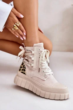 Damskie Trapery|Botki Sznurowane>Evento Botki Damskie Na Platformie Z Ozdobnym Sznurowaniem Panterka Jasnobeżowe Edidda