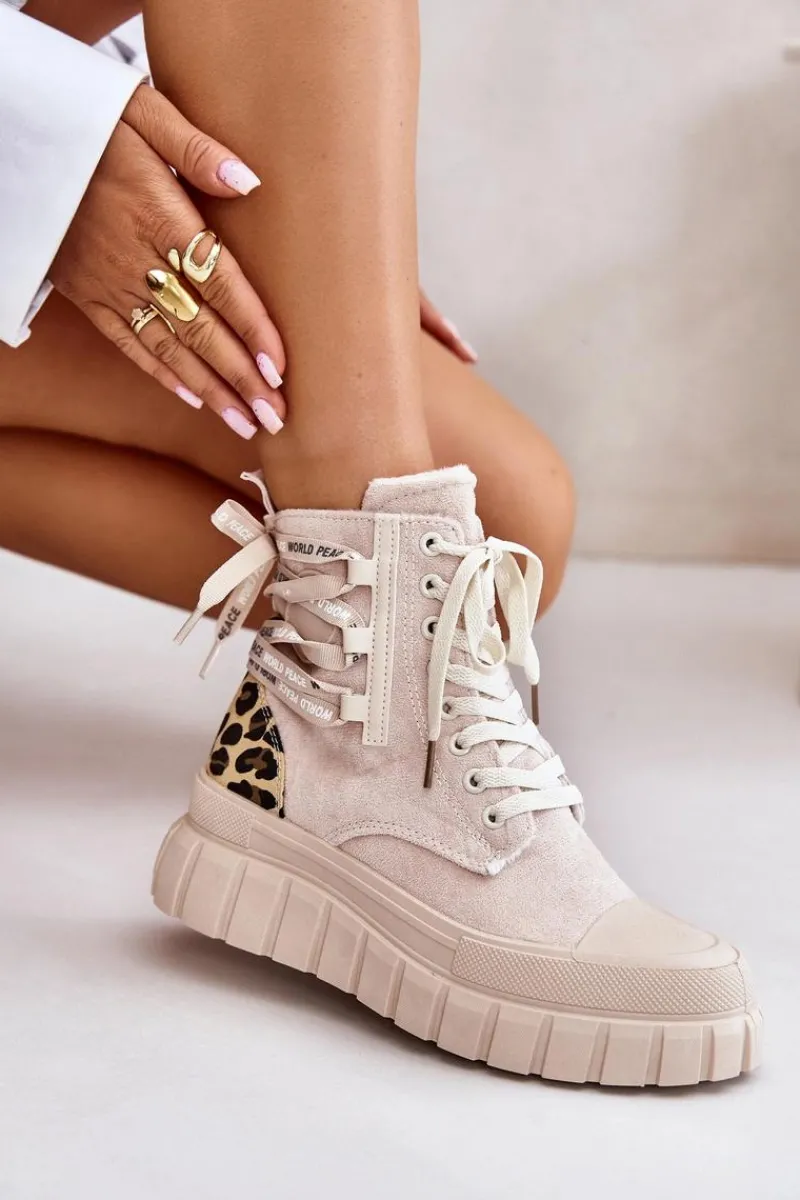 Damskie Trapery|Botki Sznurowane>Evento Botki Damskie Na Platformie Z Ozdobnym Sznurowaniem Panterka Jasnobeżowe Edidda