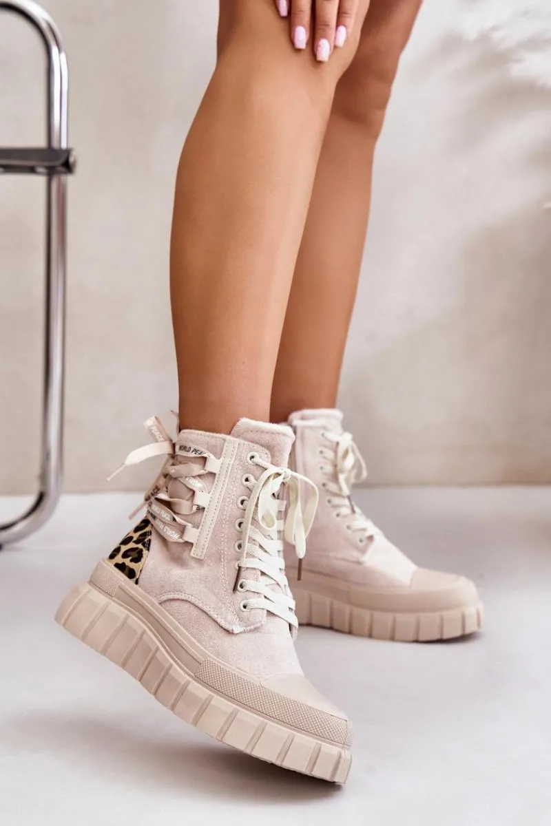 Damskie Trapery|Botki Sznurowane>Evento Botki Damskie Na Platformie Z Ozdobnym Sznurowaniem Panterka Jasnobeżowe Edidda