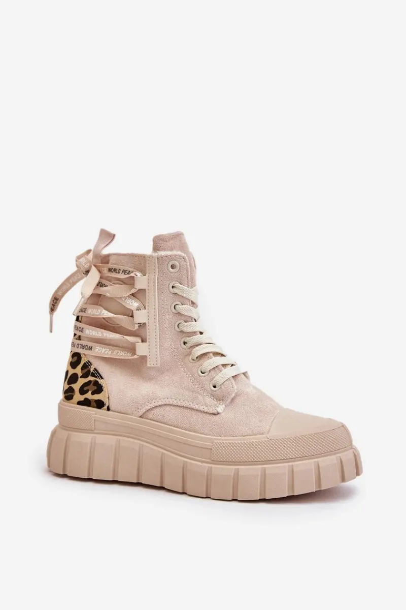 Damskie Trapery|Botki Sznurowane>Evento Botki Damskie Na Platformie Z Ozdobnym Sznurowaniem Panterka Jasnobeżowe Edidda