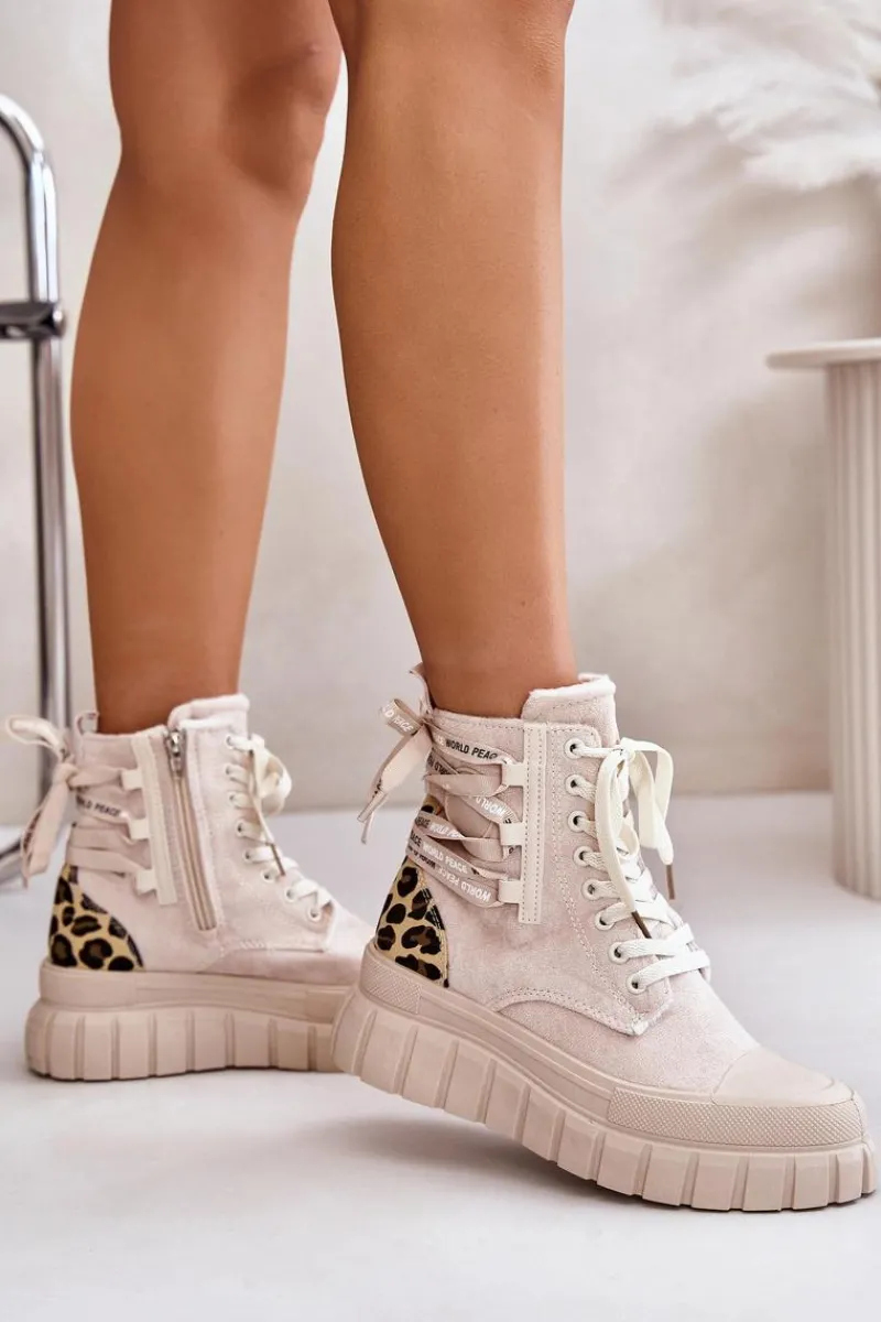 Damskie Trapery|Botki Sznurowane>Evento Botki Damskie Na Platformie Z Ozdobnym Sznurowaniem Panterka Jasnobeżowe Edidda
