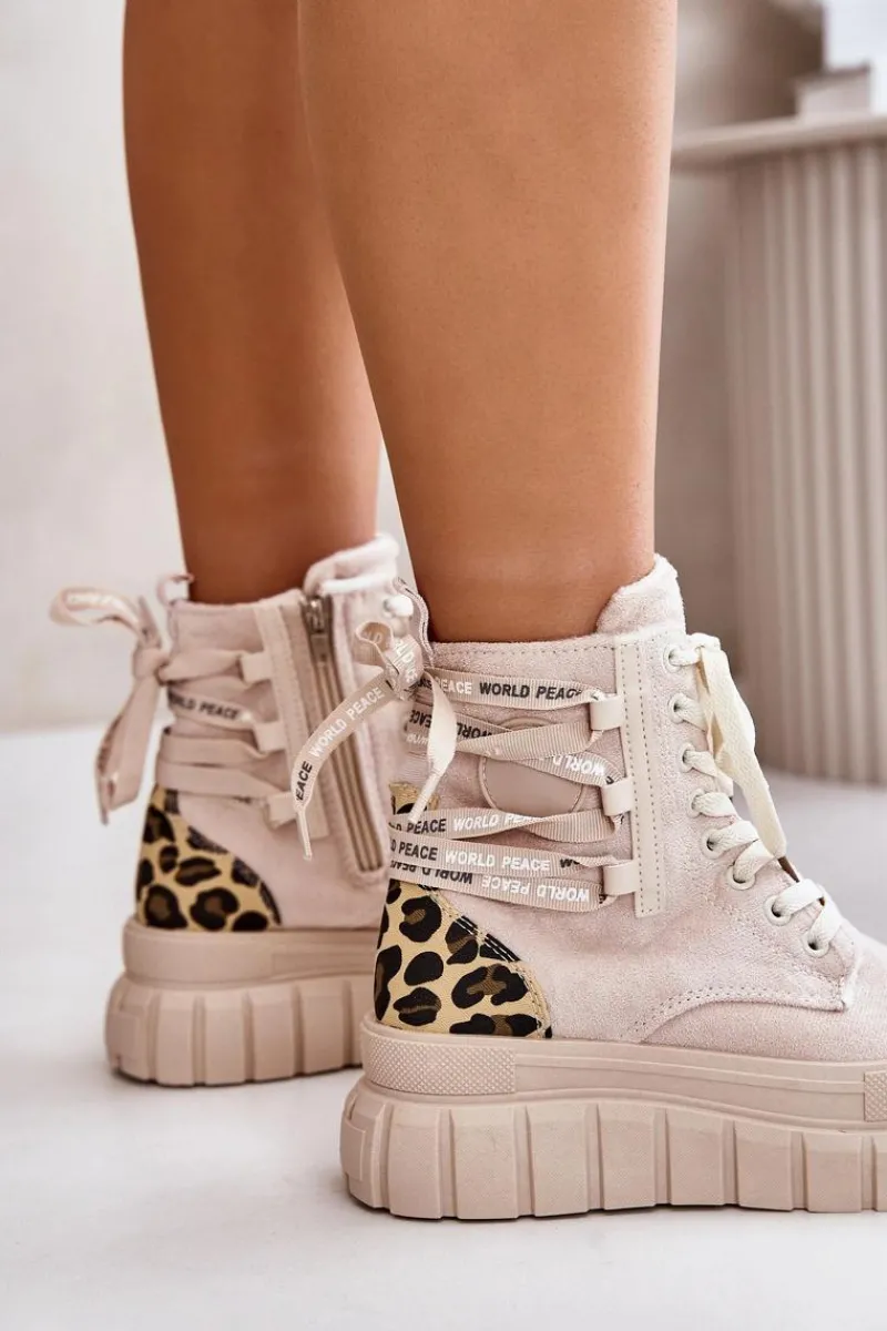 Damskie Trapery|Botki Sznurowane>Evento Botki Damskie Na Platformie Z Ozdobnym Sznurowaniem Panterka Jasnobeżowe Edidda