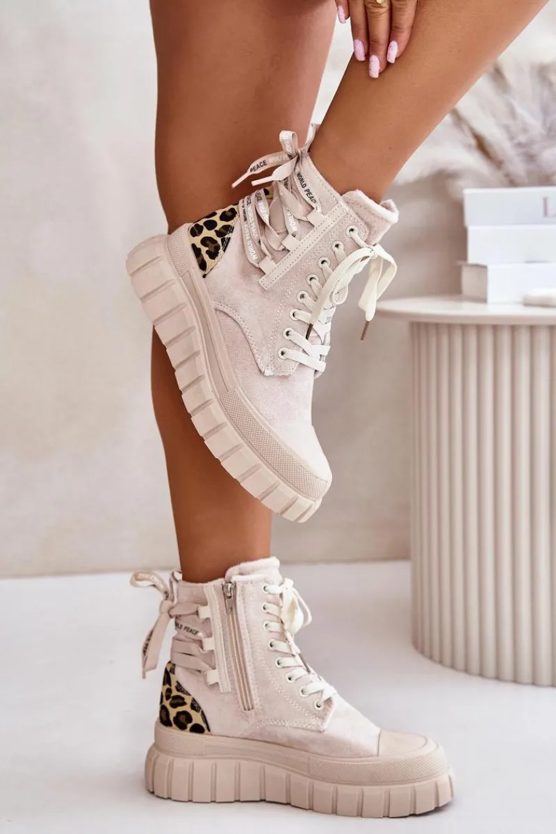 Damskie Trapery|Botki Sznurowane>Evento Botki Damskie Na Platformie Z Ozdobnym Sznurowaniem Panterka Jasnobeżowe Edidda