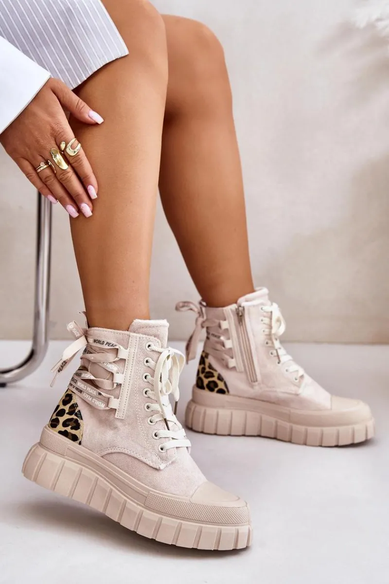 Damskie Trapery|Botki Sznurowane>Evento Botki Damskie Na Platformie Z Ozdobnym Sznurowaniem Panterka Jasnobeżowe Edidda