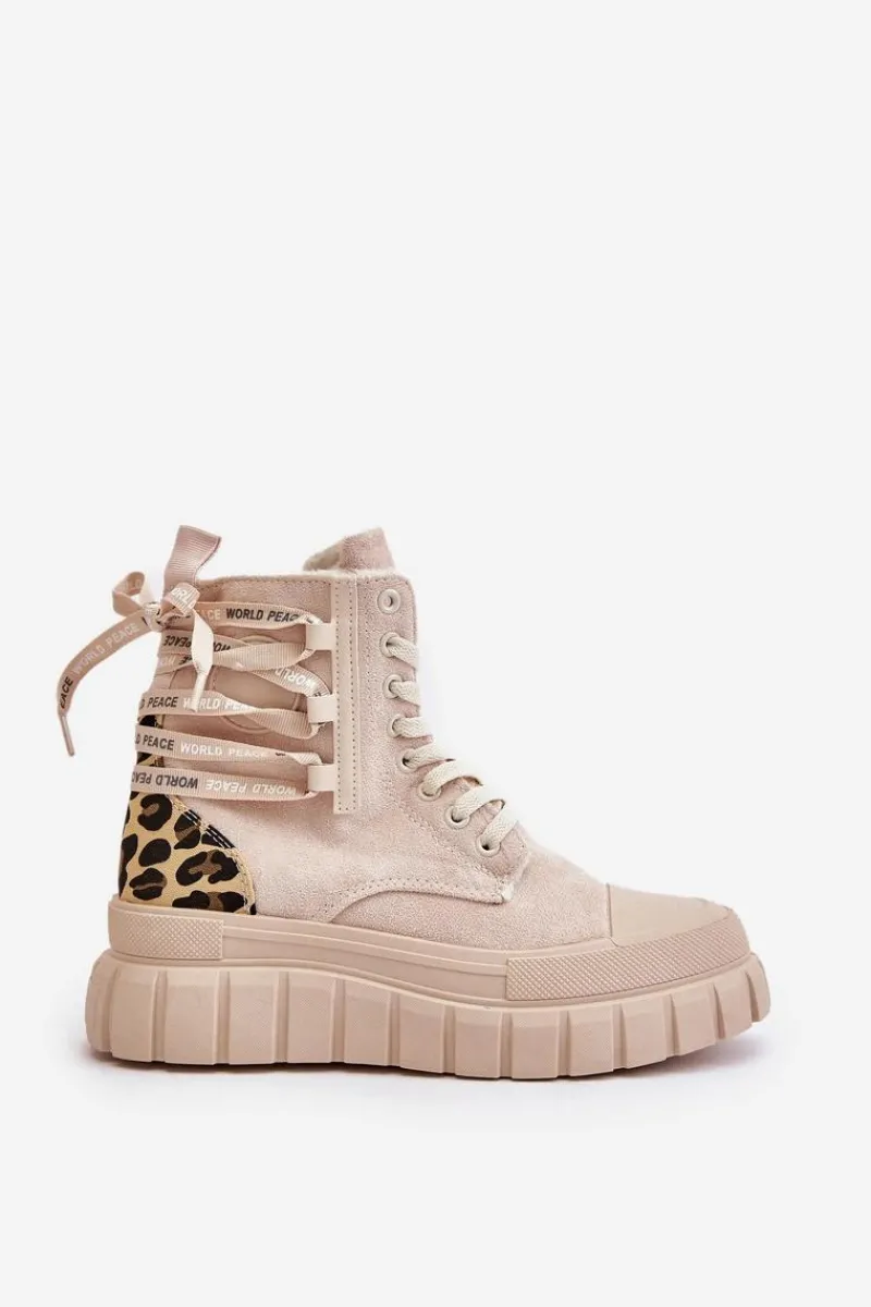 Damskie Trapery|Botki Sznurowane>Evento Botki Damskie Na Platformie Z Ozdobnym Sznurowaniem Panterka Jasnobeżowe Edidda