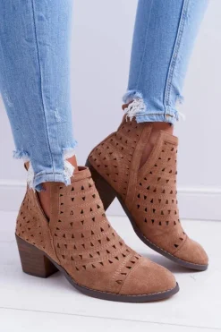 New Botki Damskie Na Słupku Ażurowe z Wycięciami Brązowe Mediolan Damskie Botki Na Słupku|Brązowe I Beżowe Botki