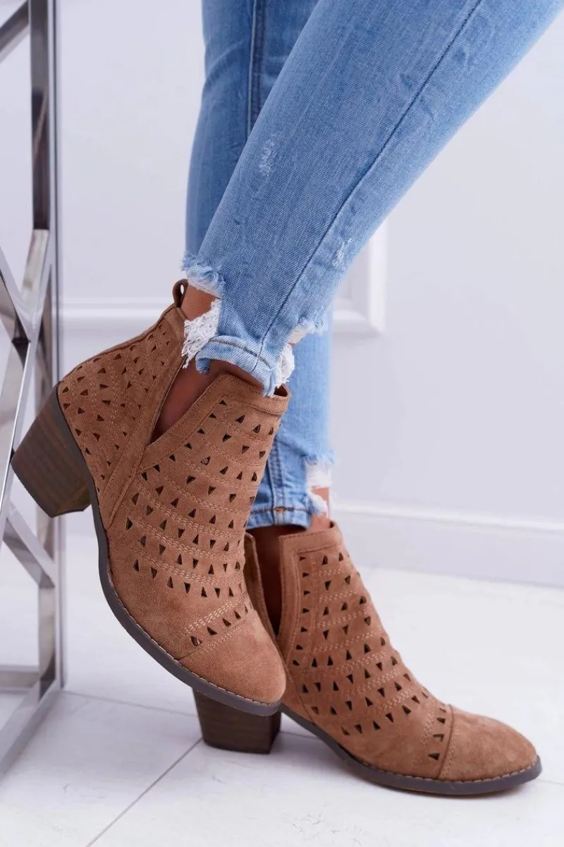 New Botki Damskie Na Słupku Ażurowe z Wycięciami Brązowe Mediolan Damskie Botki Na Słupku|Brązowe I Beżowe Botki