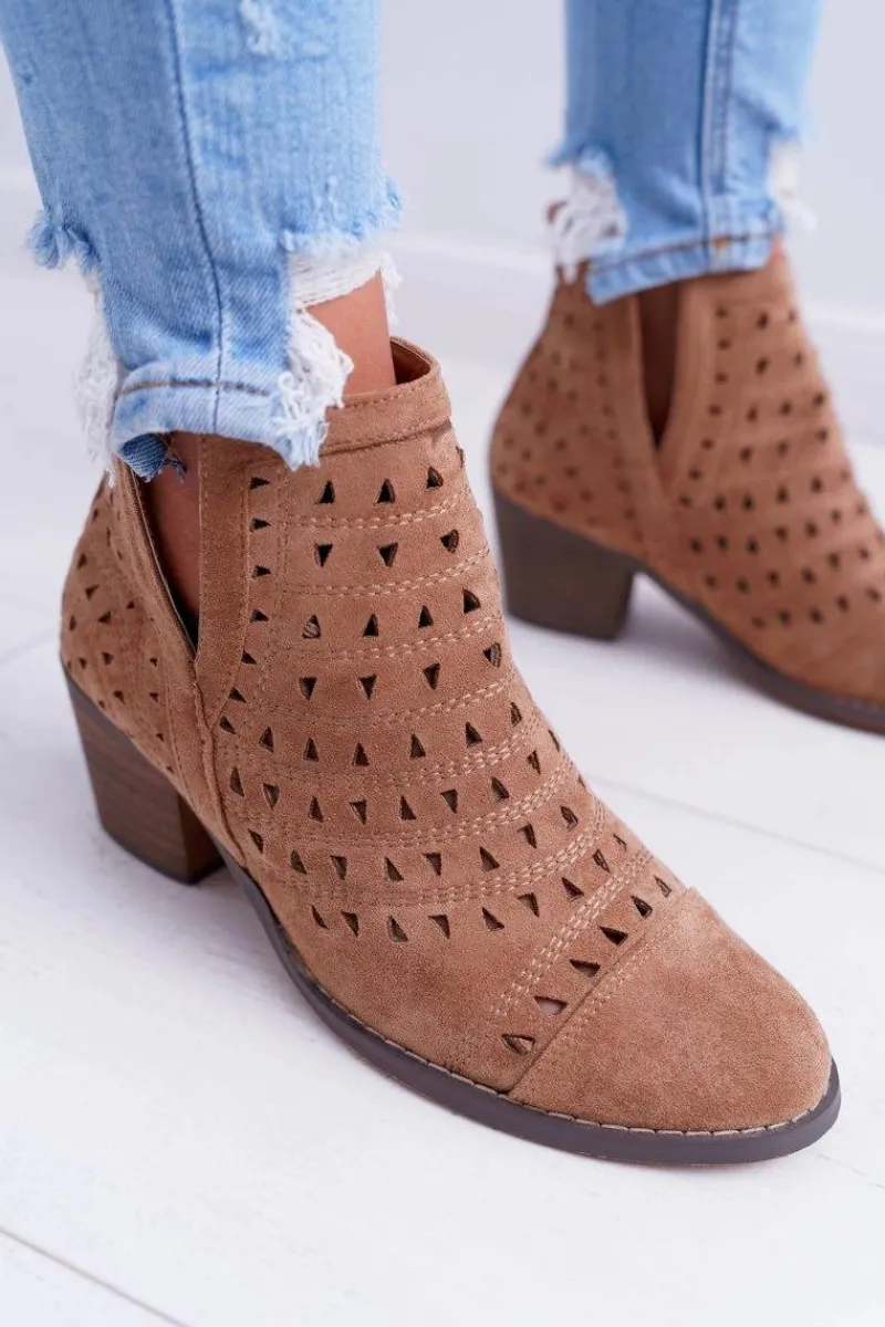 New Botki Damskie Na Słupku Ażurowe z Wycięciami Brązowe Mediolan Damskie Botki Na Słupku|Brązowe I Beżowe Botki