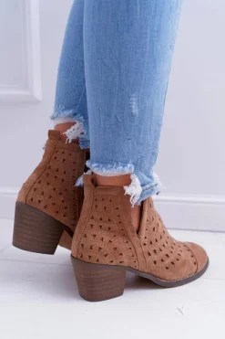 New Botki Damskie Na Słupku Ażurowe z Wycięciami Brązowe Mediolan Damskie Botki Na Słupku|Brązowe I Beżowe Botki