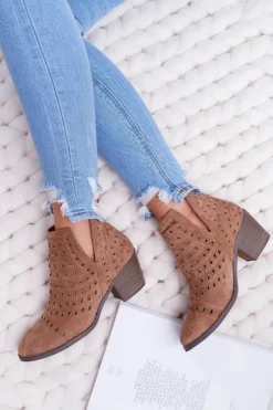 New Botki Damskie Na Słupku Ażurowe z Wycięciami Brązowe Mediolan Damskie Botki Na Słupku|Brązowe I Beżowe Botki