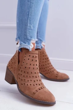 New Botki Damskie Na Słupku Ażurowe z Wycięciami Brązowe Mediolan Damskie Botki Na Słupku|Brązowe I Beżowe Botki