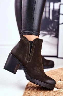 Sale Botki Damskie Na Słupku Ciepłe Khaki Veronica Damskie Botki Zimowe Damskie|Botki Na Obcasie