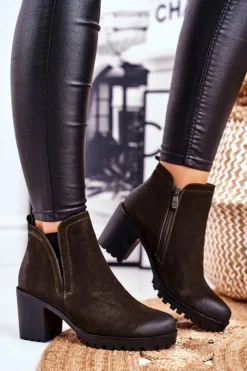 Sale Botki Damskie Na Słupku Ciepłe Khaki Veronica Damskie Botki Zimowe Damskie|Botki Na Obcasie