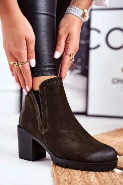 Sale Botki Damskie Na Słupku Ciepłe Khaki Veronica Damskie Botki Zimowe Damskie|Botki Na Obcasie