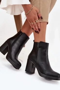 Outlet Botki Damskie Na Słupku Czarne Ryselle Damskie Botki Skórzane|Botki Na Słupku