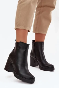 Outlet Botki Damskie Na Słupku Czarne Ryselle Damskie Botki Skórzane|Botki Na Słupku