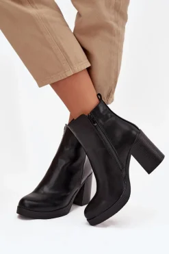 Outlet Botki Damskie Na Słupku Czarne Ryselle Damskie Botki Skórzane|Botki Na Słupku