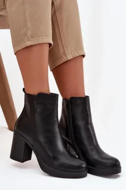 Outlet Botki Damskie Na Słupku Czarne Ryselle Damskie Botki Skórzane|Botki Na Słupku