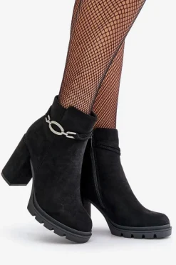Best Boto Botki Damskie Na Słupku Eko Zamszowe Z Ozdobnym Paskiem Czarne Maivone Czarny