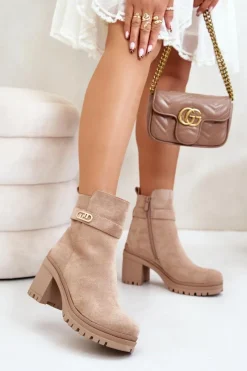 Best Boto Botki Damskie Na Słupku Eko Zamszowe Ocieplane Na Zamek Beżowe Laonora