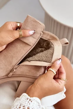 Best Boto Botki Damskie Na Słupku Eko Zamszowe Ocieplane Na Zamek Beżowe Laonora