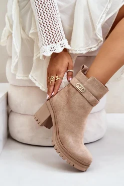 Best Boto Botki Damskie Na Słupku Eko Zamszowe Ocieplane Na Zamek Beżowe Laonora