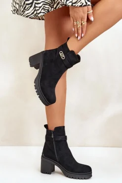 Hot Botki Damskie Na Słupku Eko Zamszowe Ocieplane Na Zamek Czarne Laonora Damskie Botki Na Słupku|Czarne Botki