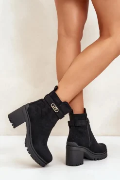 Hot Botki Damskie Na Słupku Eko Zamszowe Ocieplane Na Zamek Czarne Laonora Damskie Botki Na Słupku|Czarne Botki