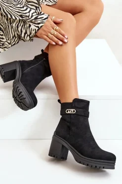 Hot Botki Damskie Na Słupku Eko Zamszowe Ocieplane Na Zamek Czarne Laonora Damskie Botki Na Słupku|Czarne Botki